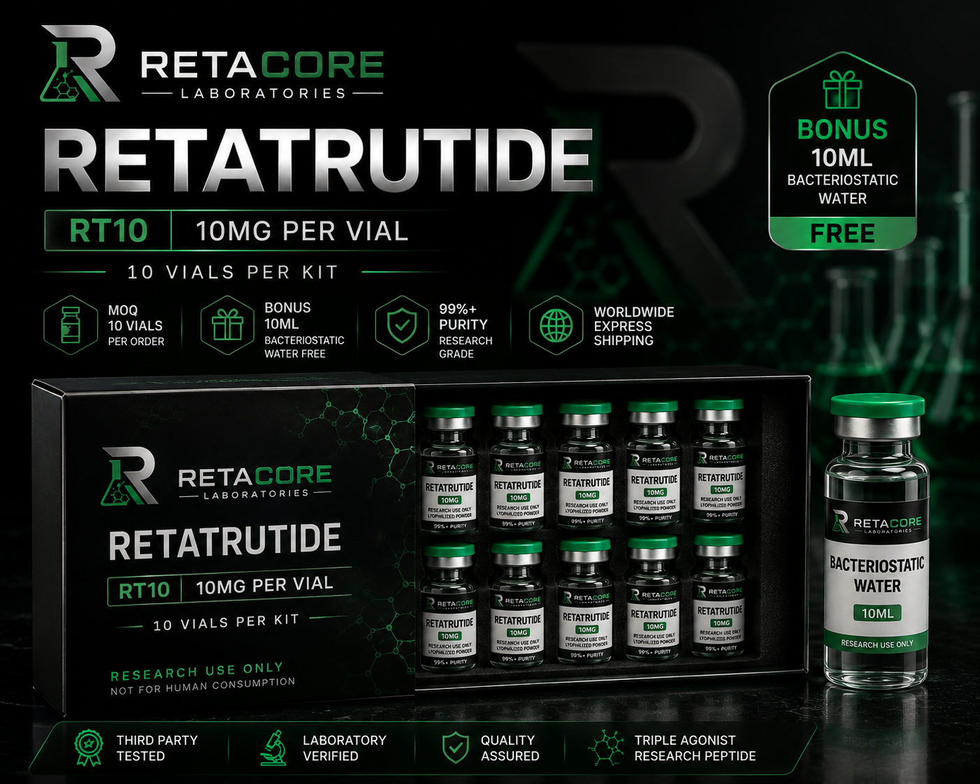 RT10 | RETATRUTIDE 10MG | 10 VIALS + FREE 10ML BAC WATER