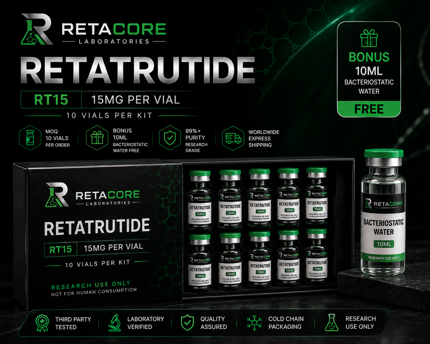 RT15 | RETATRUTIDE 15MG | 10 VIALS + FREE 10ML BAC WATER
