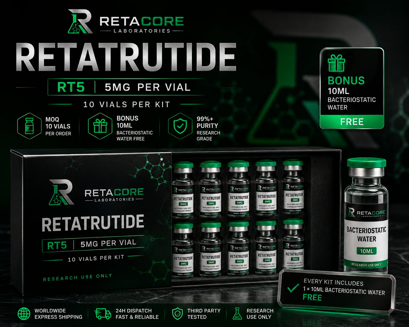 RT5 | RETATRUTIDE 5MG | 10 VIALS + FREE 10ML BAC WATER