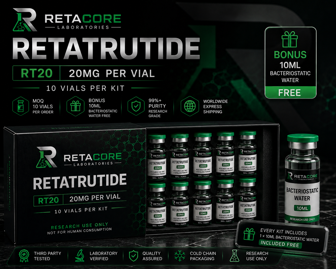 RT20 | RETATRUTIDE 20MG | 10 VIALS + FREE BAC WATER