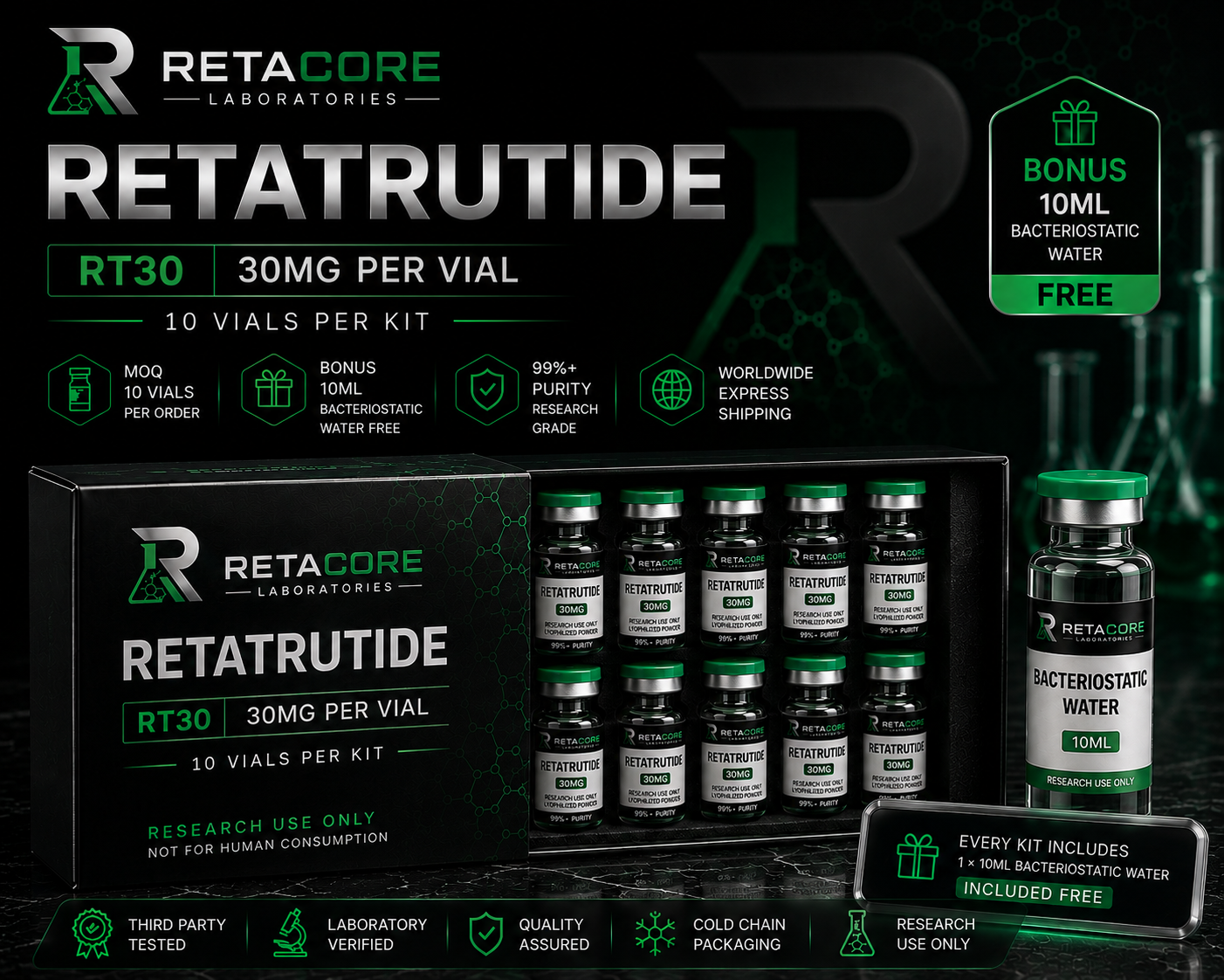 RT30 | RETATRUTIDE 30MG | 10 VIALS + FREE 10ML BAC WATER