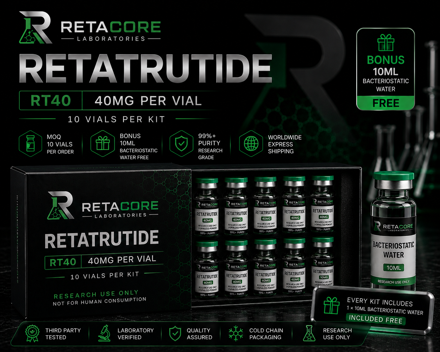 RT40 | RETATRUTIDE 40MG | 10 VIALS + FREE 10ML BAC WATER